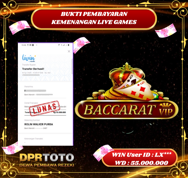 KEMENANGAN BESAR LIVE CASINO BACCARAT Rp 55.000.000 - LUNAS